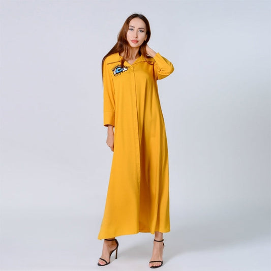Women Solid Color Ethnic Embroidered Robe (Color:Yellow Size:XL)